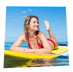 blonde in red bikini on yellow surf board